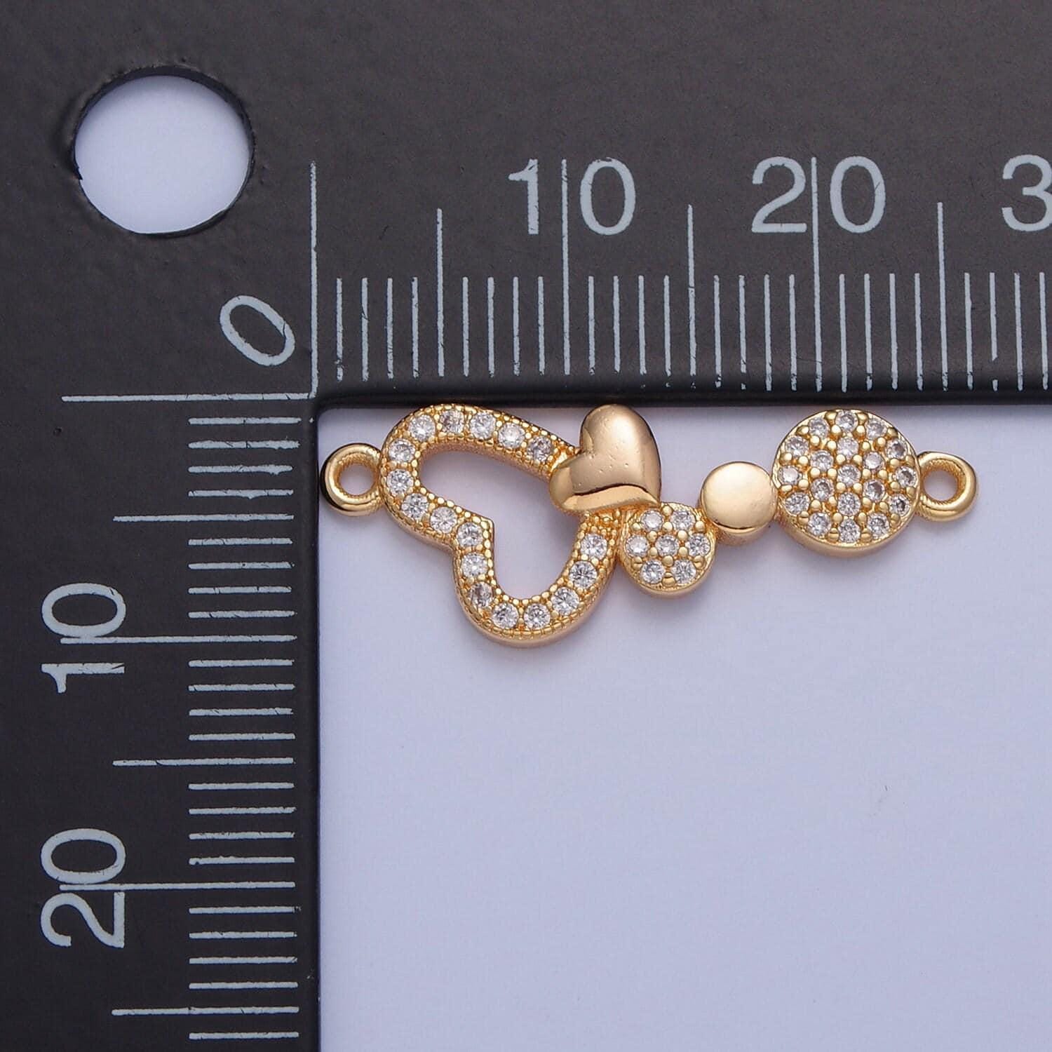 16k gold dainty love hearts & circles micro pave cz clear stone connector, add on link charm crystal cz for necklace bracelet supply | f-799