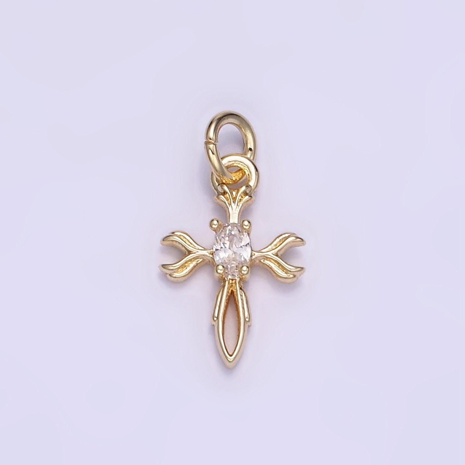 Mini 14k gold filled clear micro paved oval cz cross charm religious pendant tiny cross charm | w-530