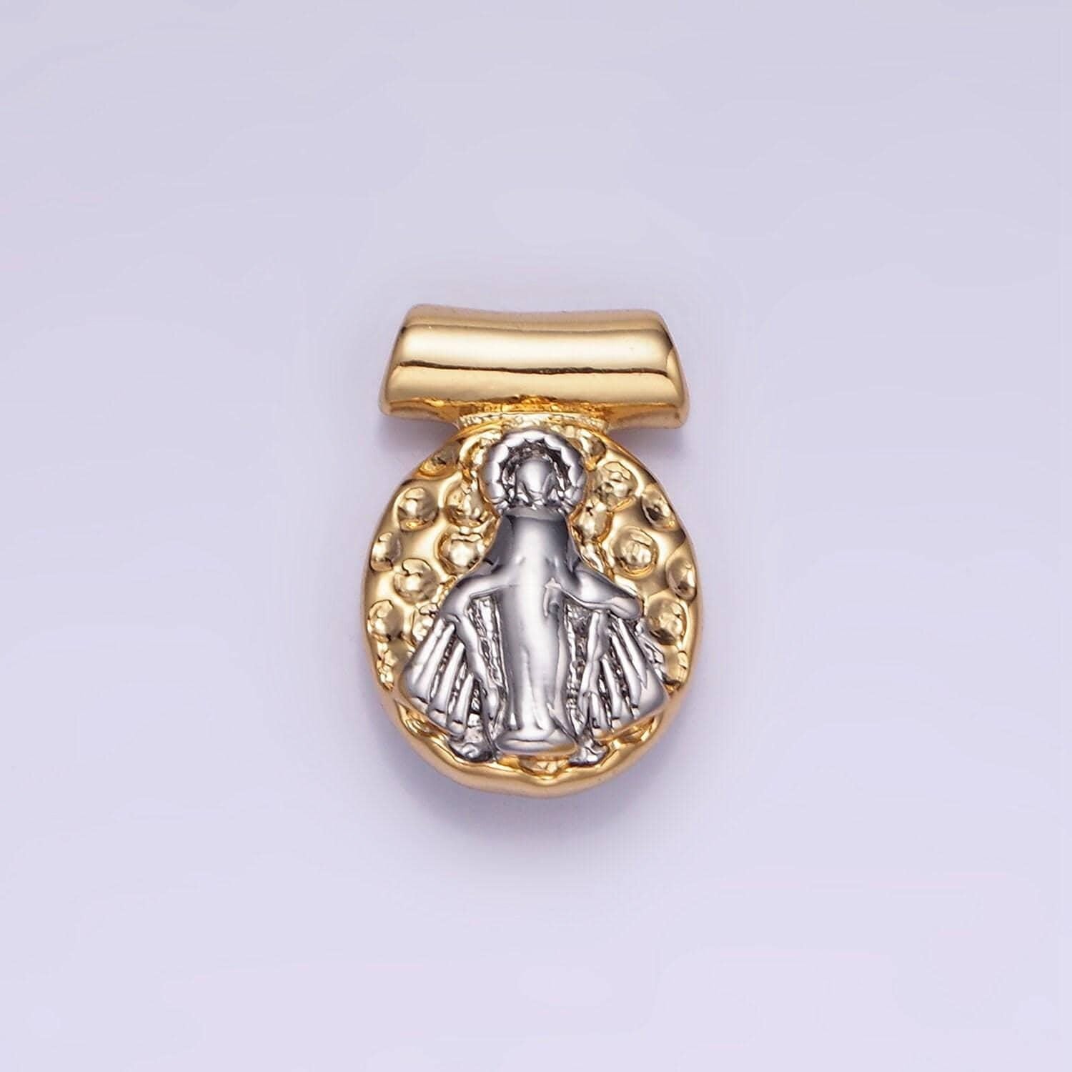 Mini rustic gold style mixed metal miraculous lady charm hammered gold medallion for necklace religious jewelry making | aa-1154