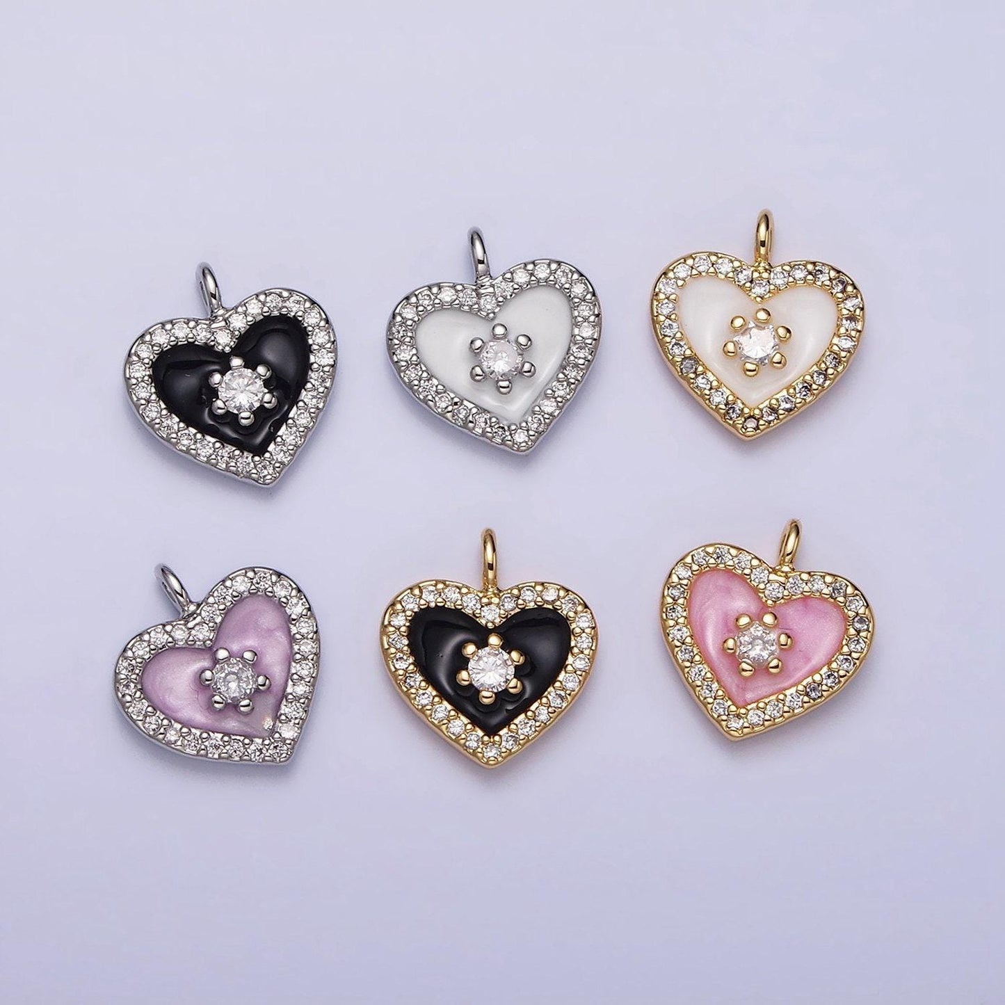 16k gold filled white, black, pink enamel micro paved cz heart charm in gold & silver | ac1300 - ac1305