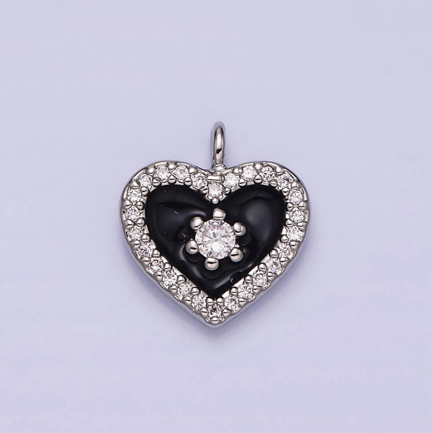 16k gold filled white, black, pink enamel micro paved cz heart charm in gold & silver | ac1300 - ac1305