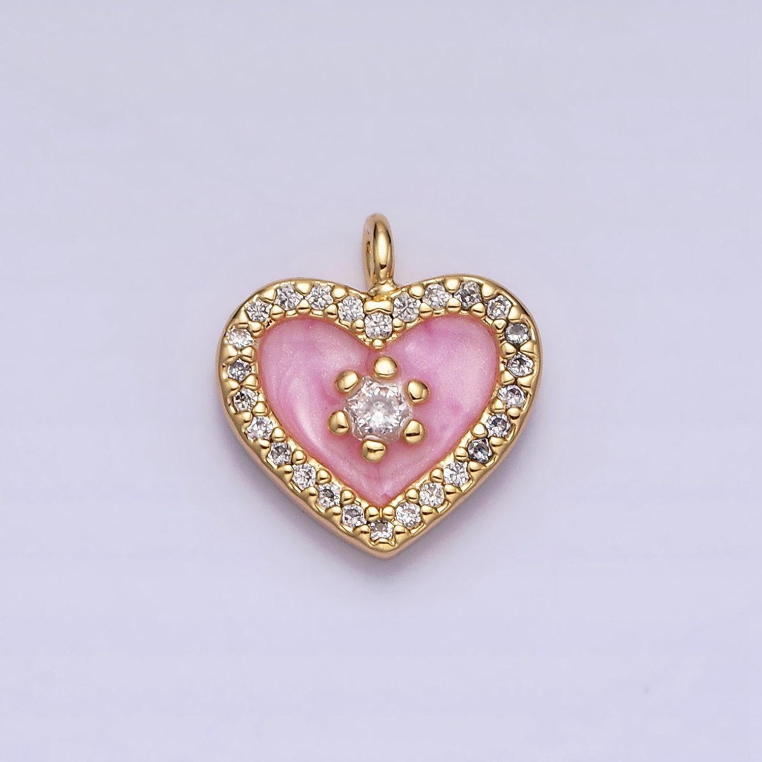 16k gold filled white, black, pink enamel micro paved cz heart charm in gold & silver | ac1300 - ac1305