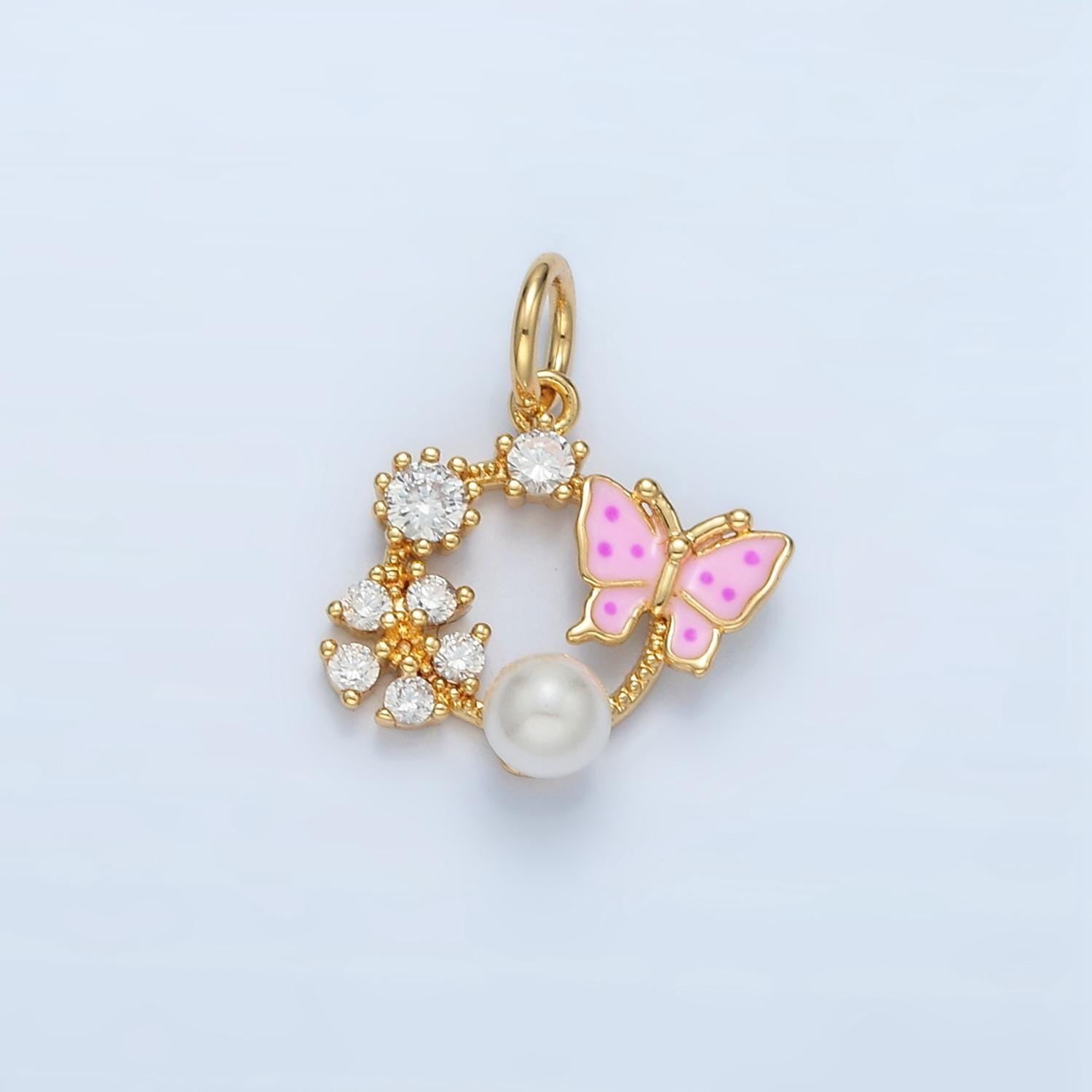 14k gold filled pink enamel butterfly, ez flower on round open charm | ag-946