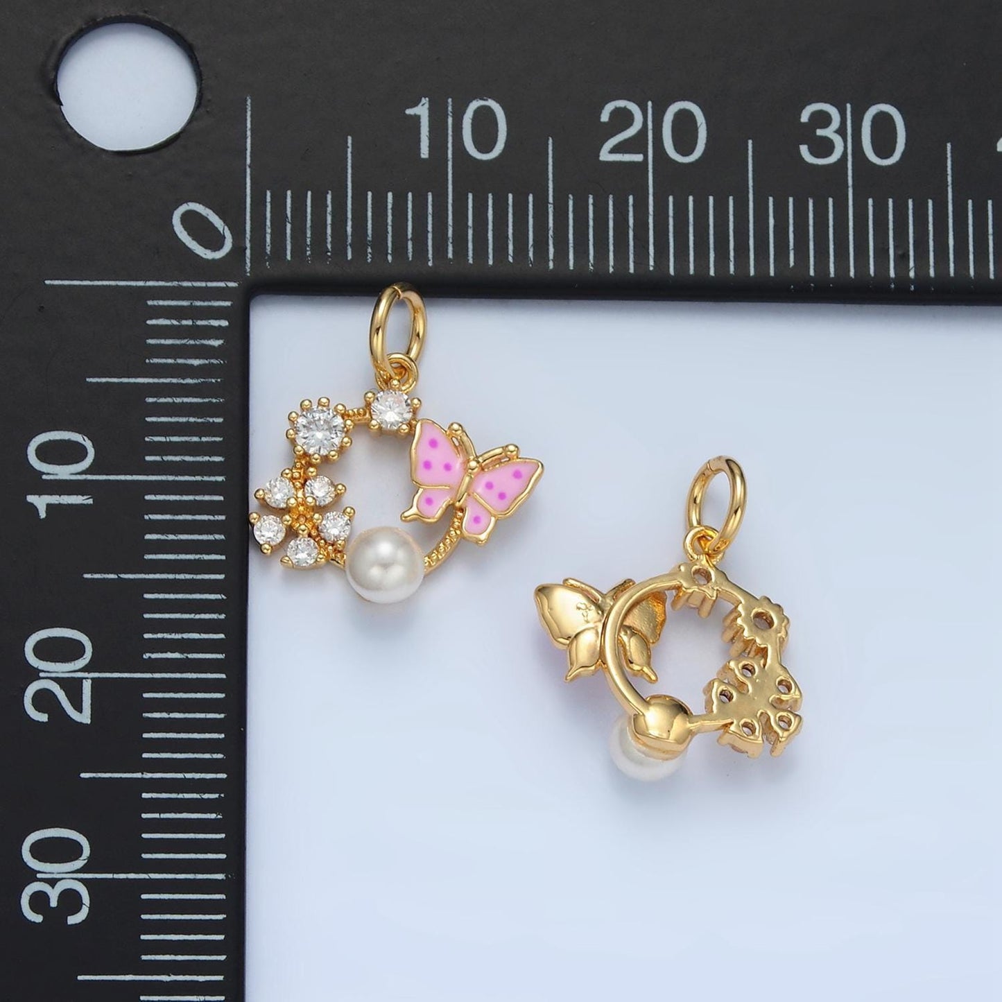 14k gold filled pink enamel butterfly, ez flower on round open charm | ag-946
