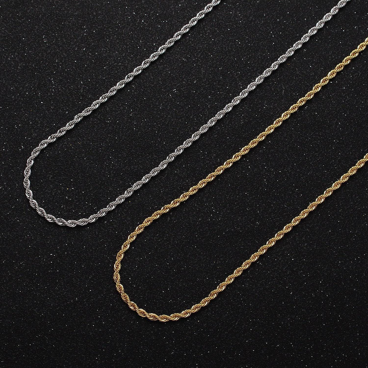 Unisex chain necklace, rope chain necklace 24k gold filled chain, 2mm rope chain necklace for men woman 17.75, 19 inch wa-1524