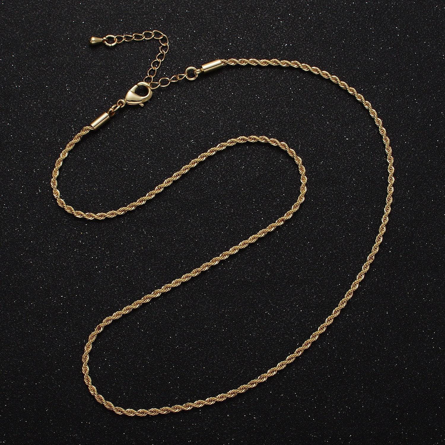 Unisex chain necklace, rope chain necklace 24k gold filled chain, 2mm rope chain necklace for men woman 17.75, 19 inch wa-1524