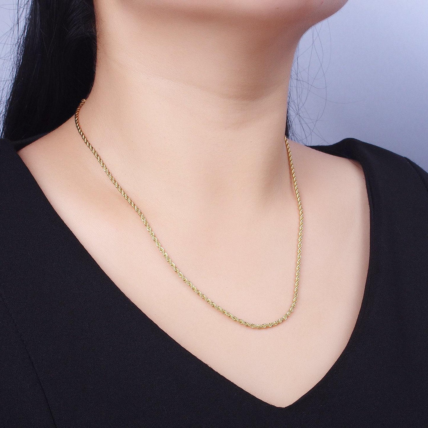Unisex chain necklace, rope chain necklace 24k gold filled chain, 2mm rope chain necklace for men woman 17.75, 19 inch wa-1524
