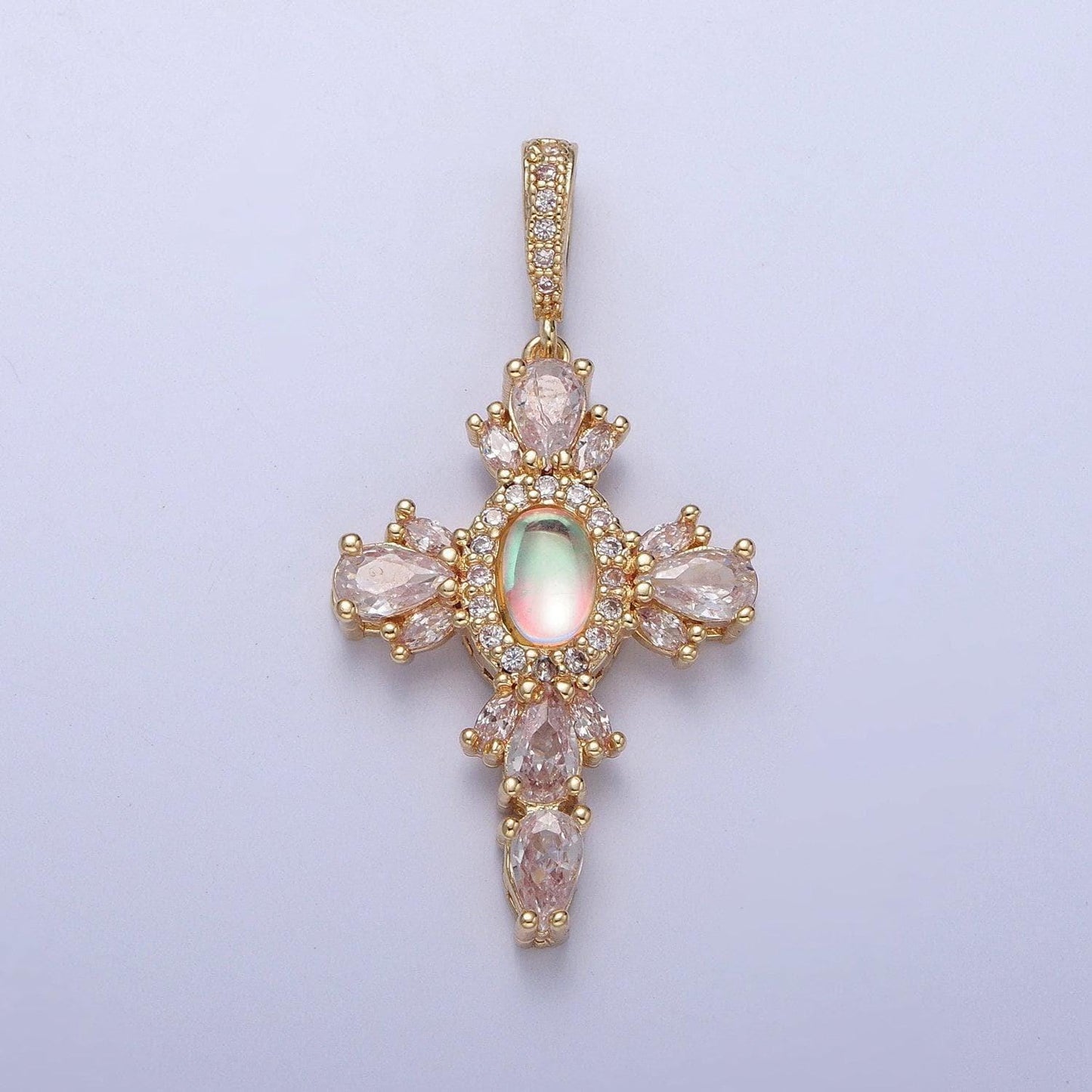 24k gold filled cross pendant charm, micro pave clear cz cubic zirconia & moonstone religious jewelry i-351