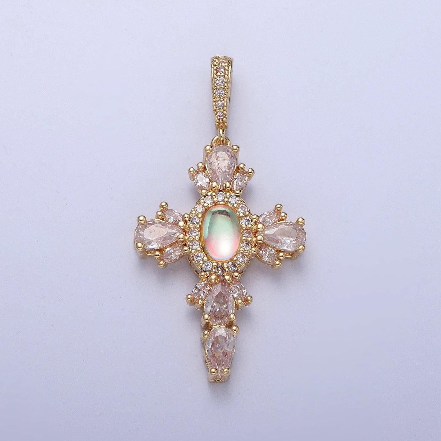 24k gold filled cross pendant charm, micro pave clear cz cubic zirconia & moonstone religious jewelry i-351