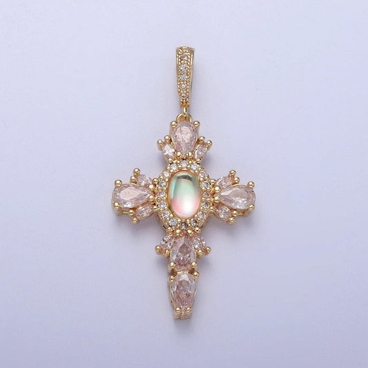 24k gold filled cross pendant charm, micro pave clear cz cubic zirconia & moonstone religious jewelry i-351