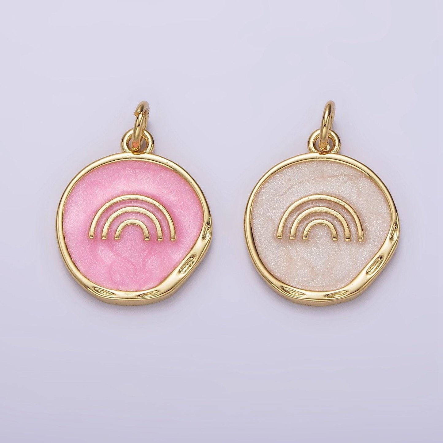16k gold filled rainbow doodle broken white, pink sparkly enamel stamped dented round charm | ag156 ag157