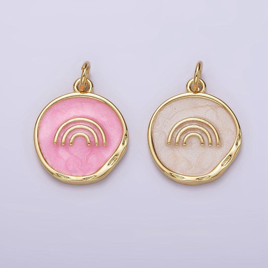 16k gold filled rainbow doodle broken white, pink sparkly enamel stamped dented round charm | ag156 ag157