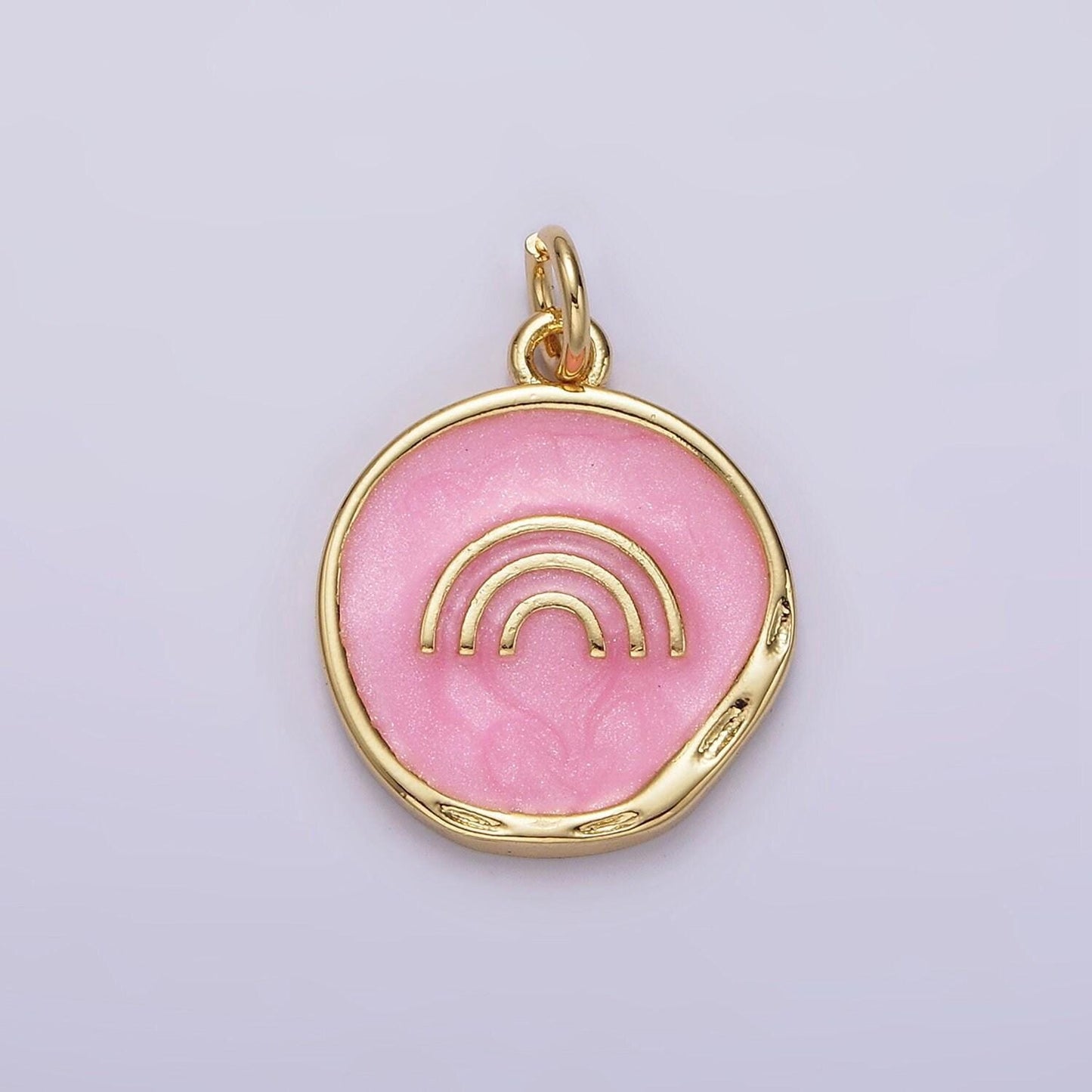 16k gold filled rainbow doodle broken white, pink sparkly enamel stamped dented round charm | ag156 ag157