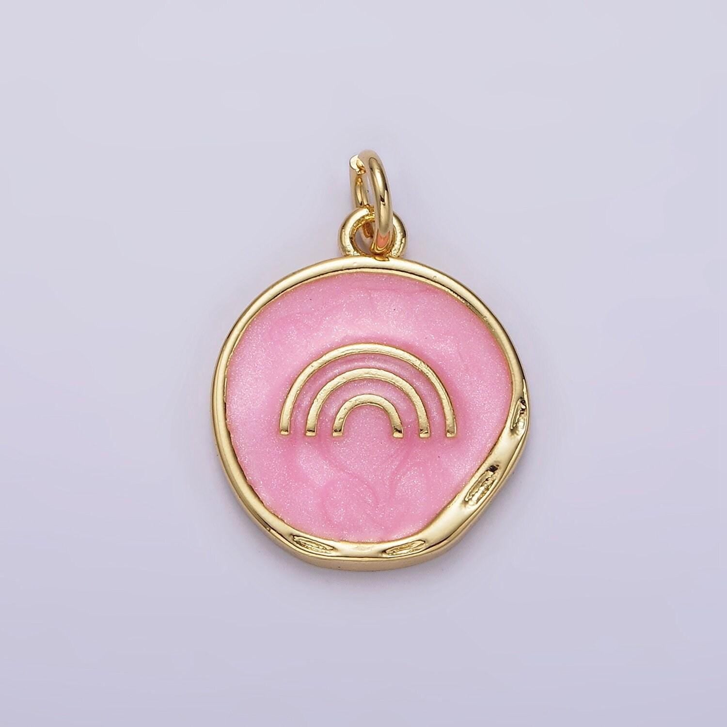 16k gold filled rainbow doodle broken white, pink sparkly enamel stamped dented round charm | ag156 ag157