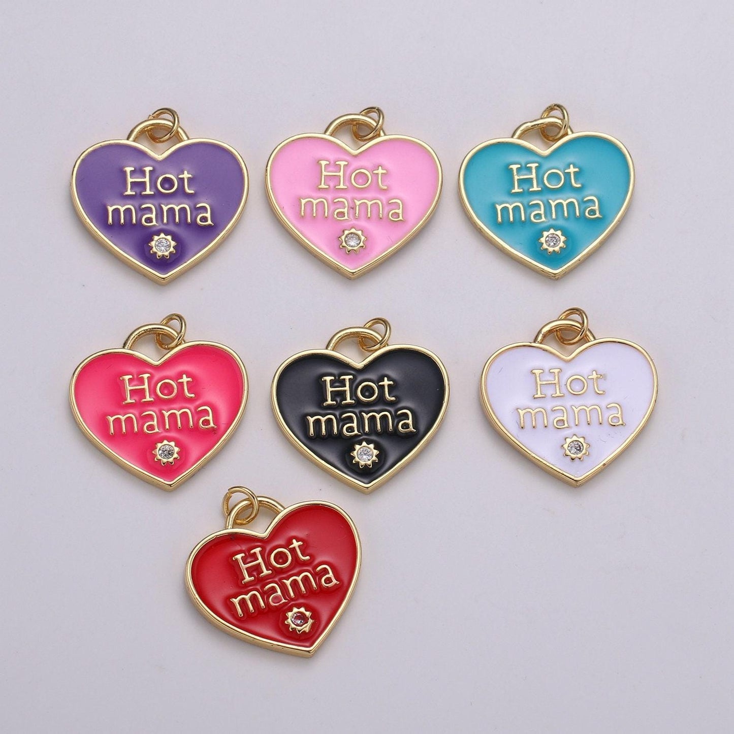 1x hot mama enamel heart charm pendant, red pink teal heart pendant, 24k gold filled madre gift love jewelry making supply chgf-2127
