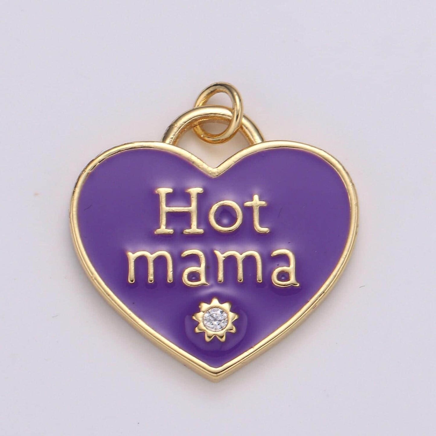 1x hot mama enamel heart charm pendant, red pink teal heart pendant, 24k gold filled madre gift love jewelry making supply chgf-2127
