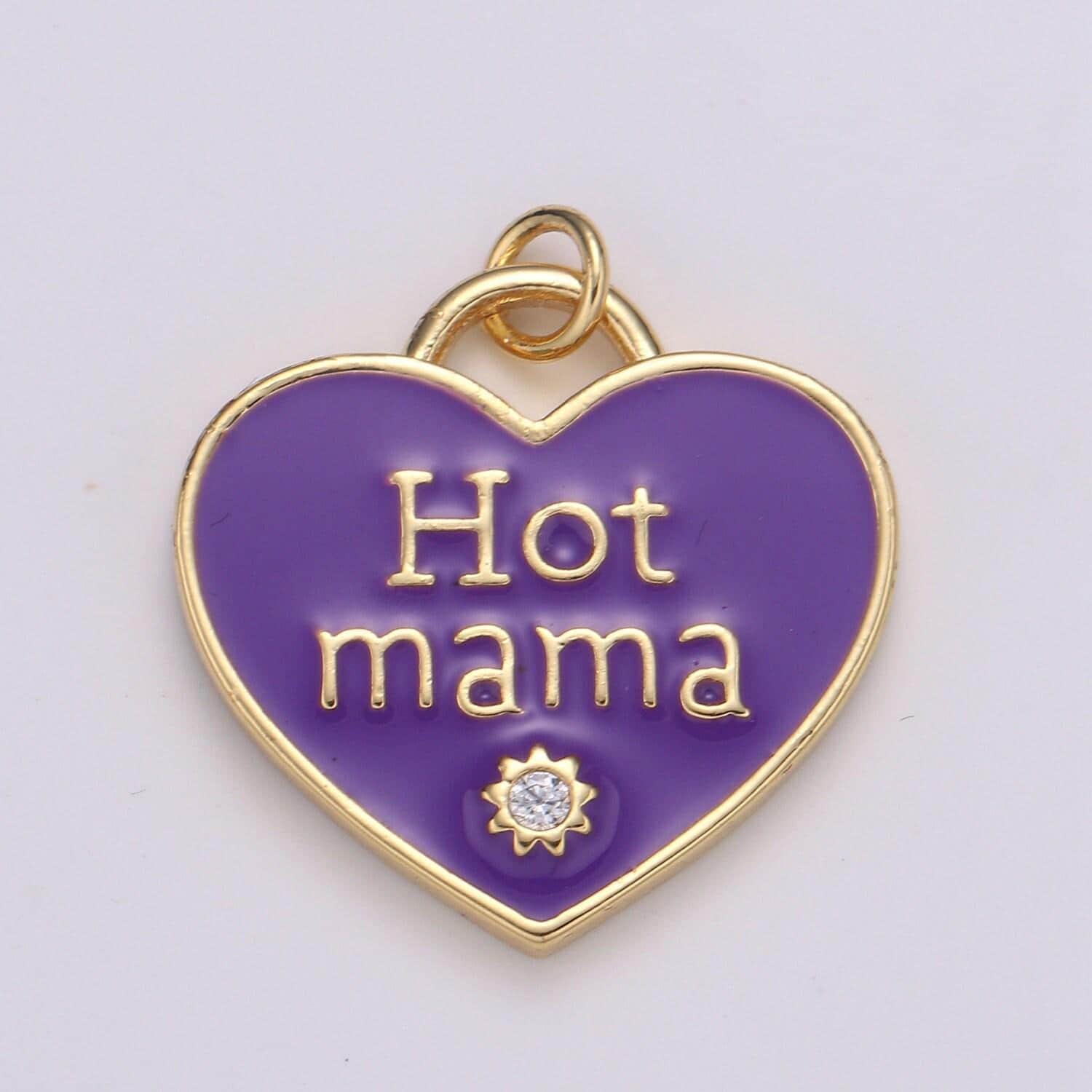 1x hot mama enamel heart charm pendant, red pink teal heart pendant, 24k gold filled madre gift love jewelry making supply chgf-2127