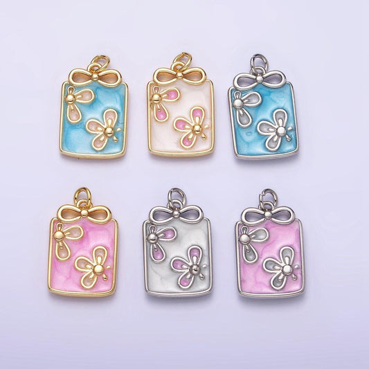 16k gold filled flower white, blue, pink sparkly enamel ribbon bow rectangular charm in gold & silver | ac1344 - ac1349