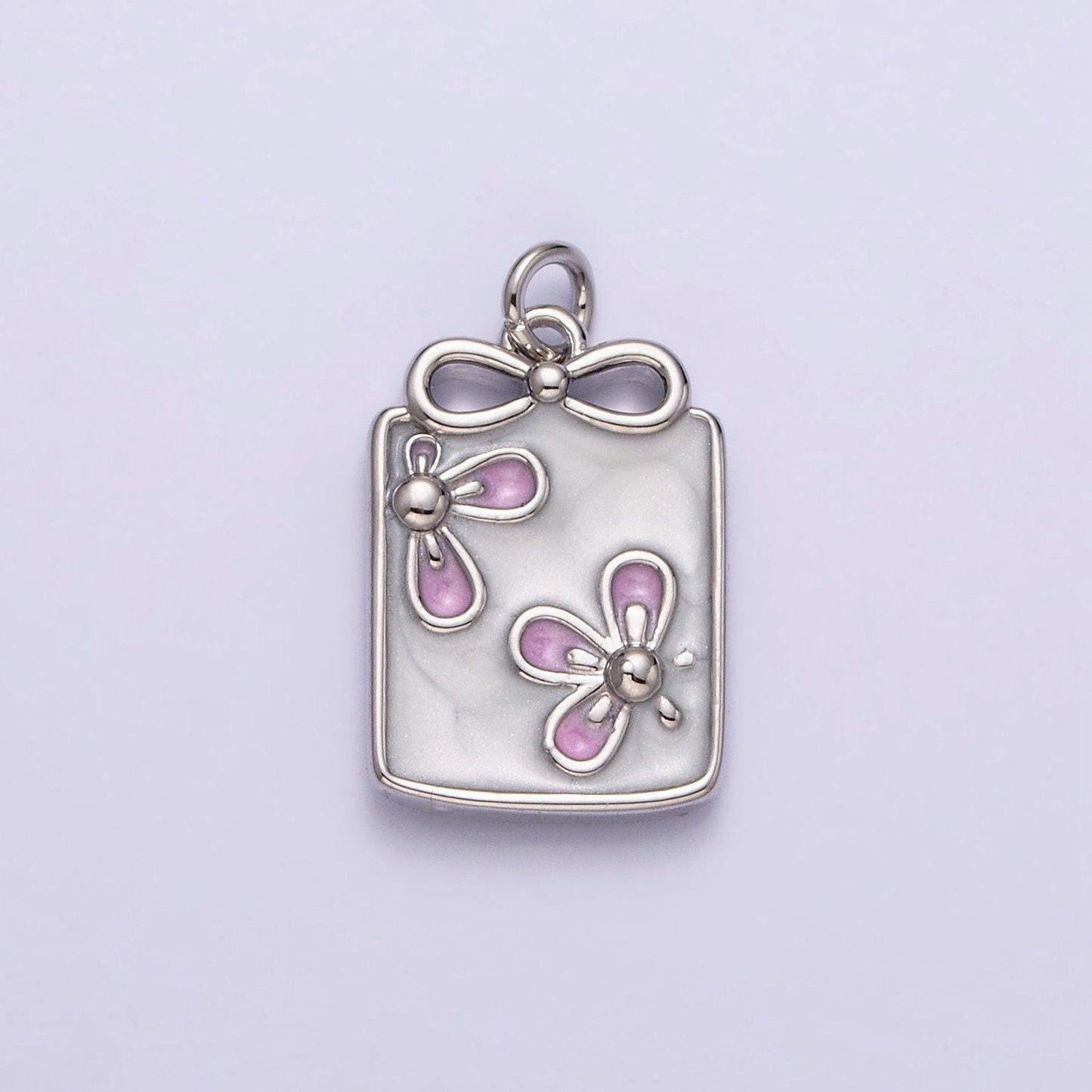 16k gold filled flower white, blue, pink sparkly enamel ribbon bow rectangular charm in gold & silver | ac1344 - ac1349