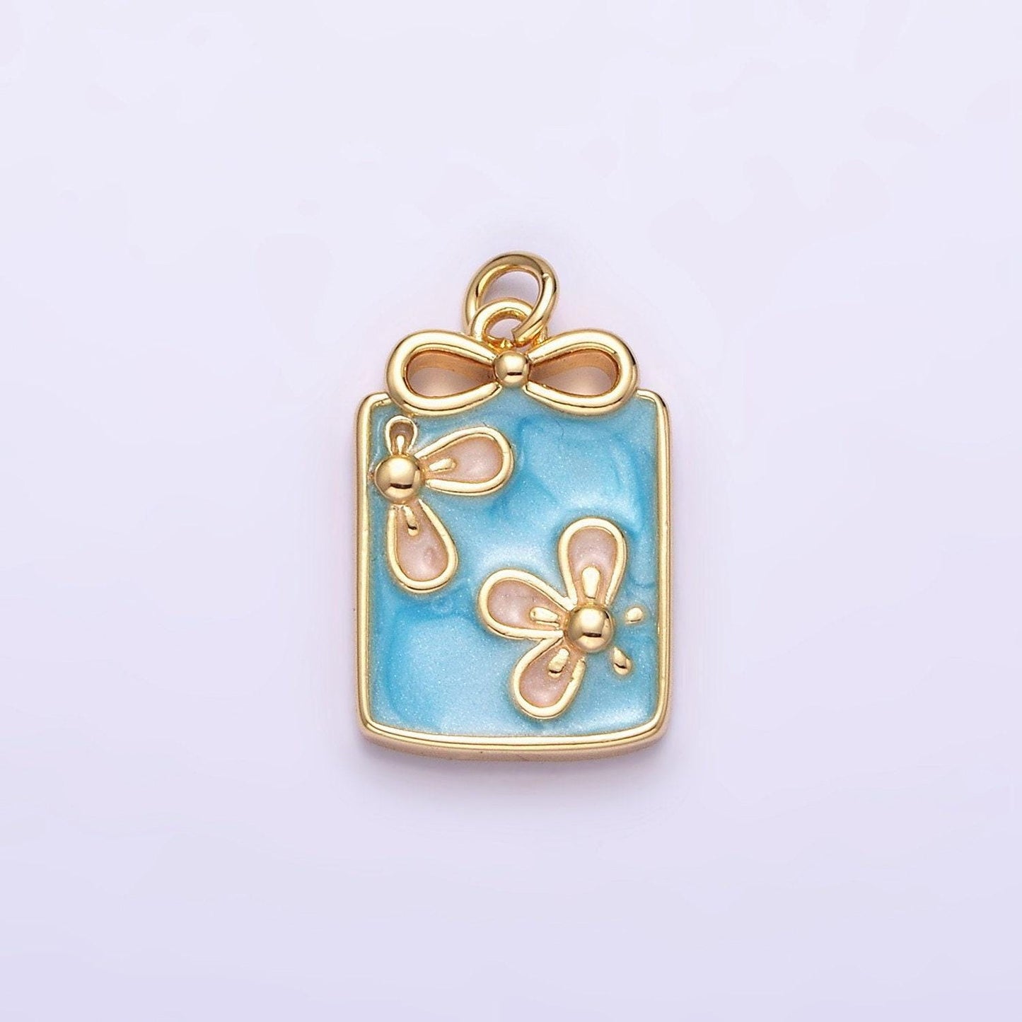 16k gold filled flower white, blue, pink sparkly enamel ribbon bow rectangular charm in gold & silver | ac1344 - ac1349