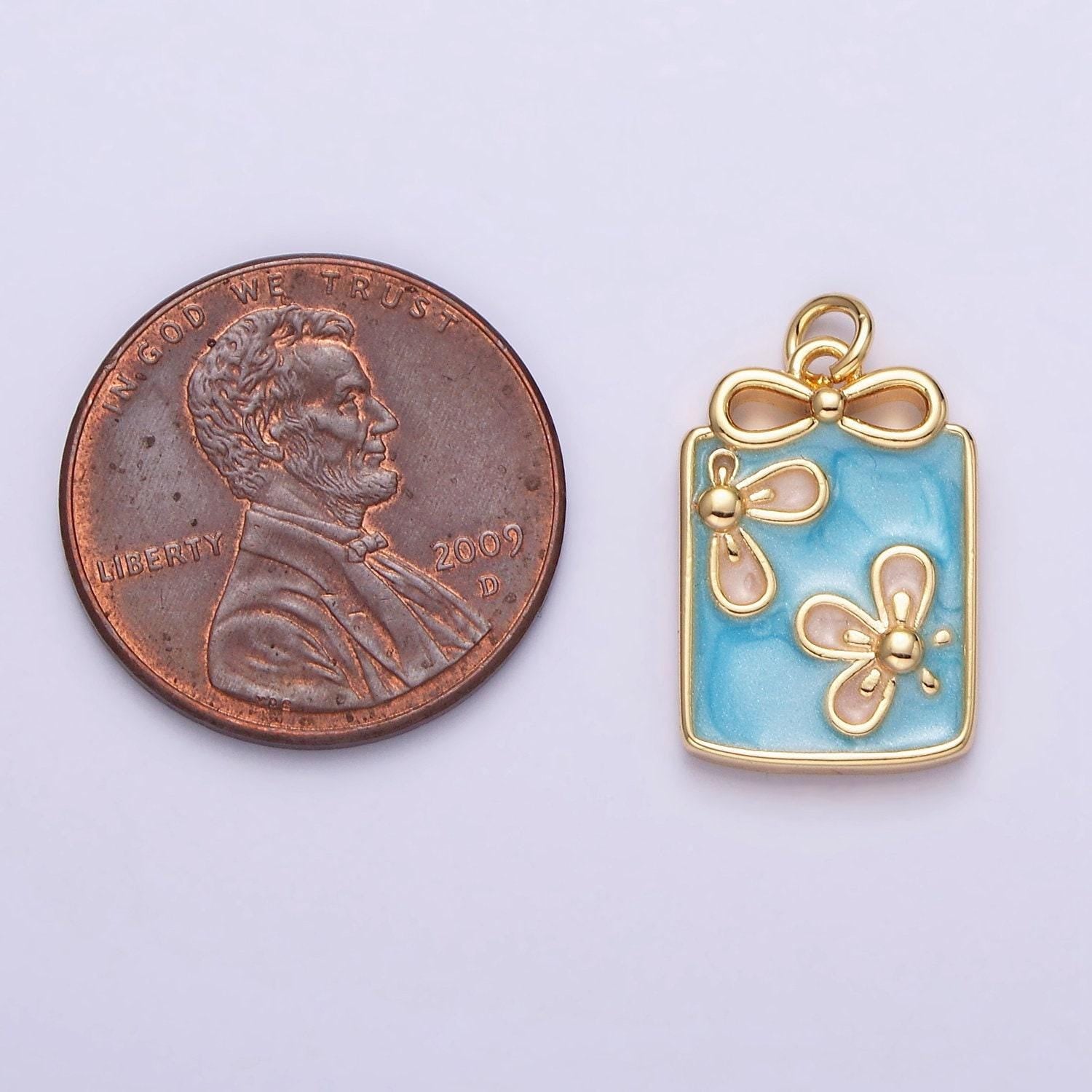 16k gold filled flower white, blue, pink sparkly enamel ribbon bow rectangular charm in gold & silver | ac1344 - ac1349