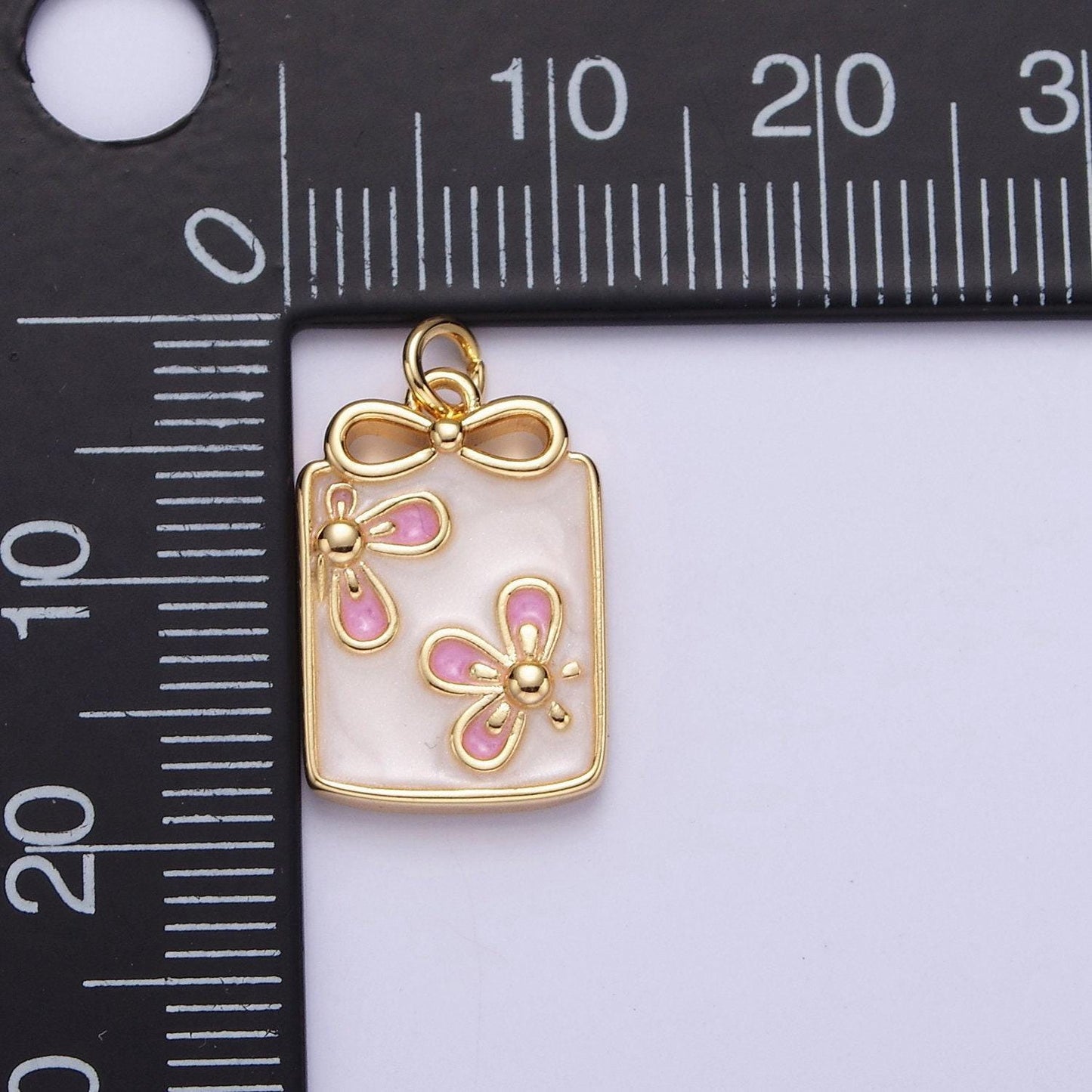 16k gold filled flower white, blue, pink sparkly enamel ribbon bow rectangular charm in gold & silver | ac1344 - ac1349