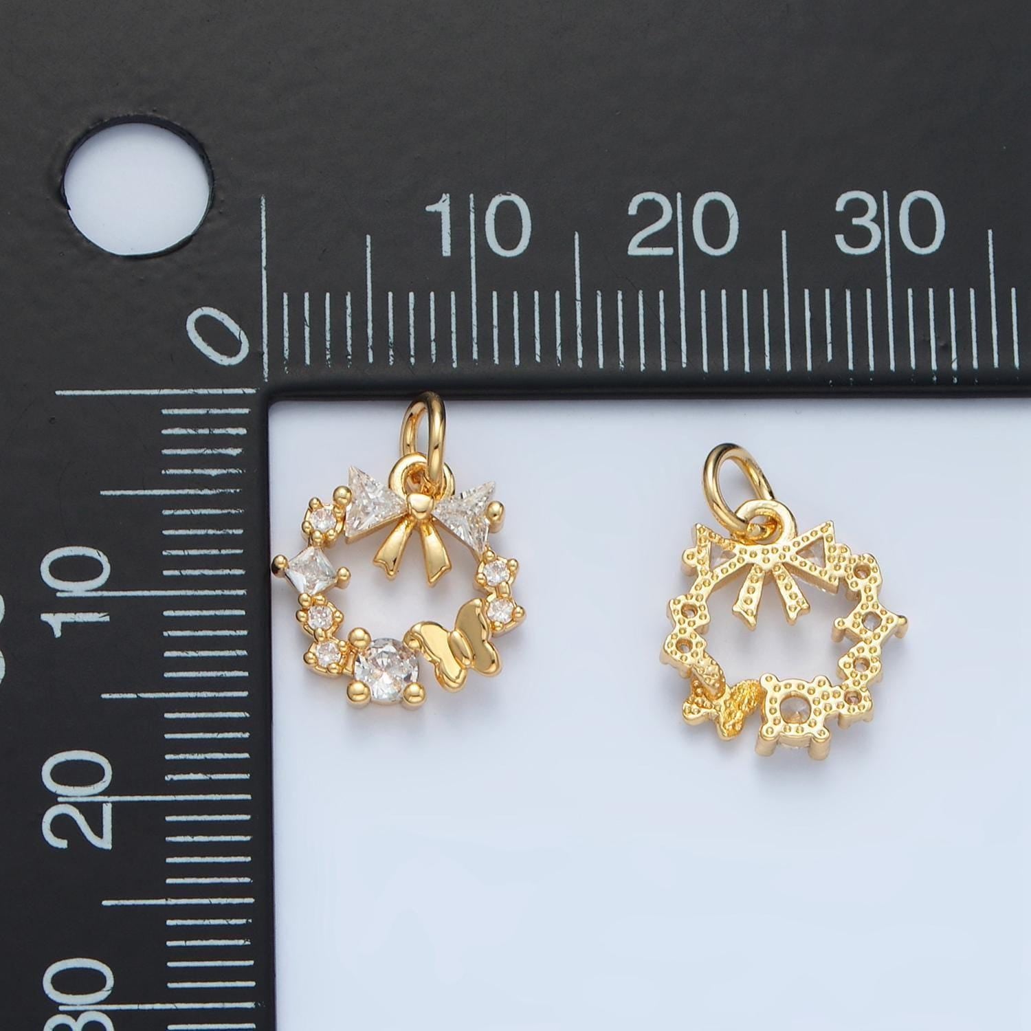 Round open wreath cz paved, mini bow & butterfly 24k gold filled charm | x-456