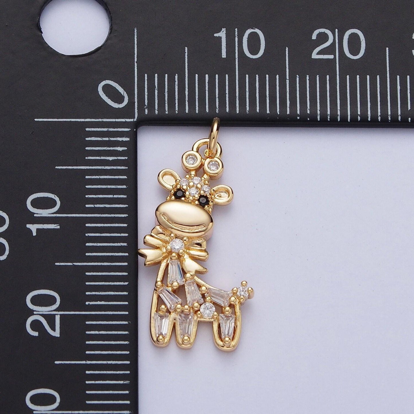Cute giraffe w. bow pendant, micro pave cubic zirconia cz baguette stone animal lover kids charm, dainty giraffe jewelry | ag-090