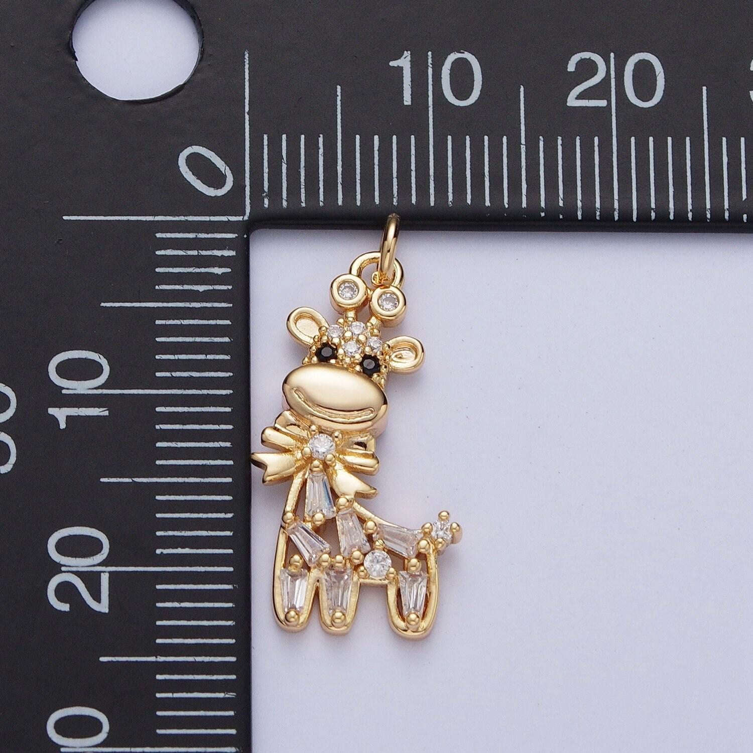 Cute giraffe w. bow pendant, micro pave cubic zirconia cz baguette stone animal lover kids charm, dainty giraffe jewelry | ag-090