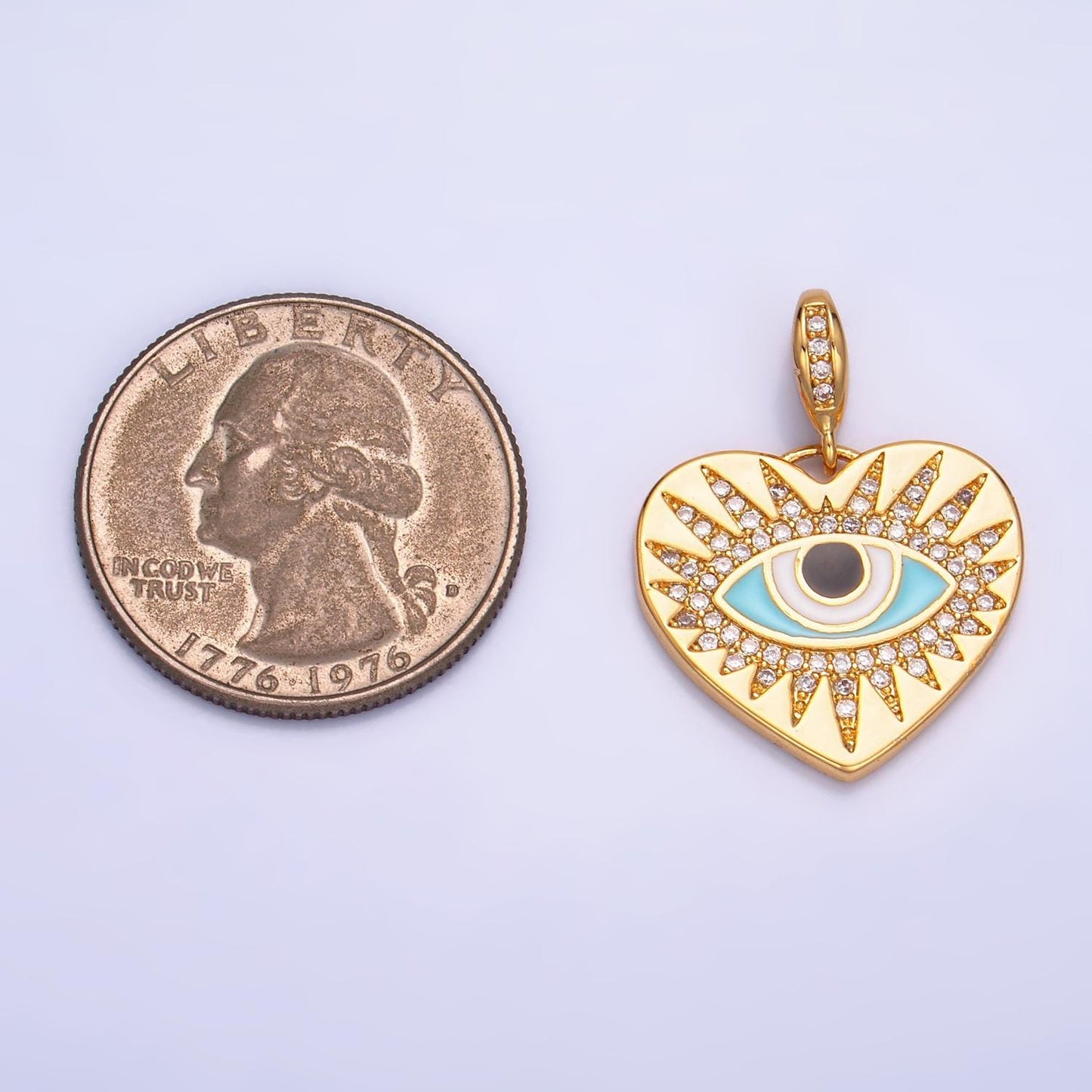 24K Gold Filled Evil Eye Blue Heart Sunburst Pendant, Micro Pave CZ Beads Evil Eye Heart Charm, Cubic Gold Sunburst Heart Jewelry | aa1071