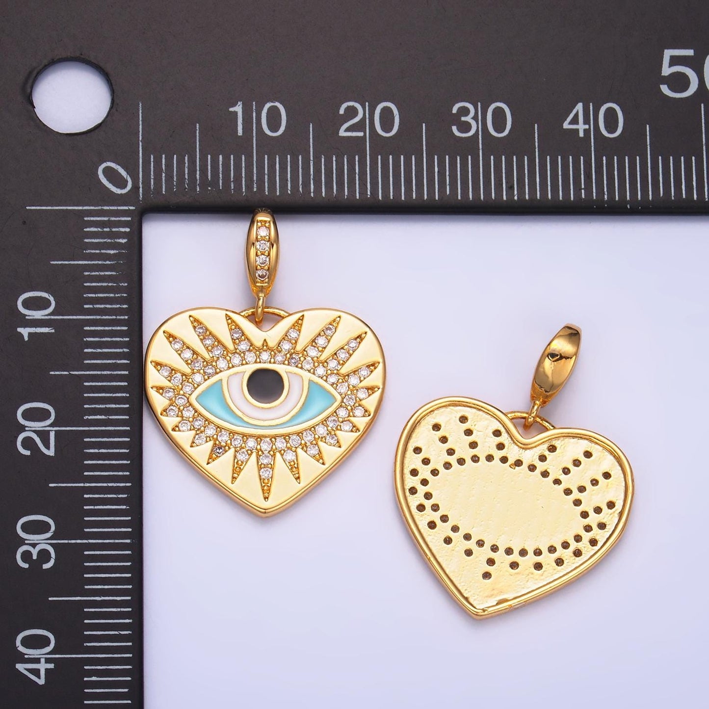 24K Gold Filled Evil Eye Blue Heart Sunburst Pendant, Micro Pave CZ Beads Evil Eye Heart Charm, Cubic Gold Sunburst Heart Jewelry | aa1071