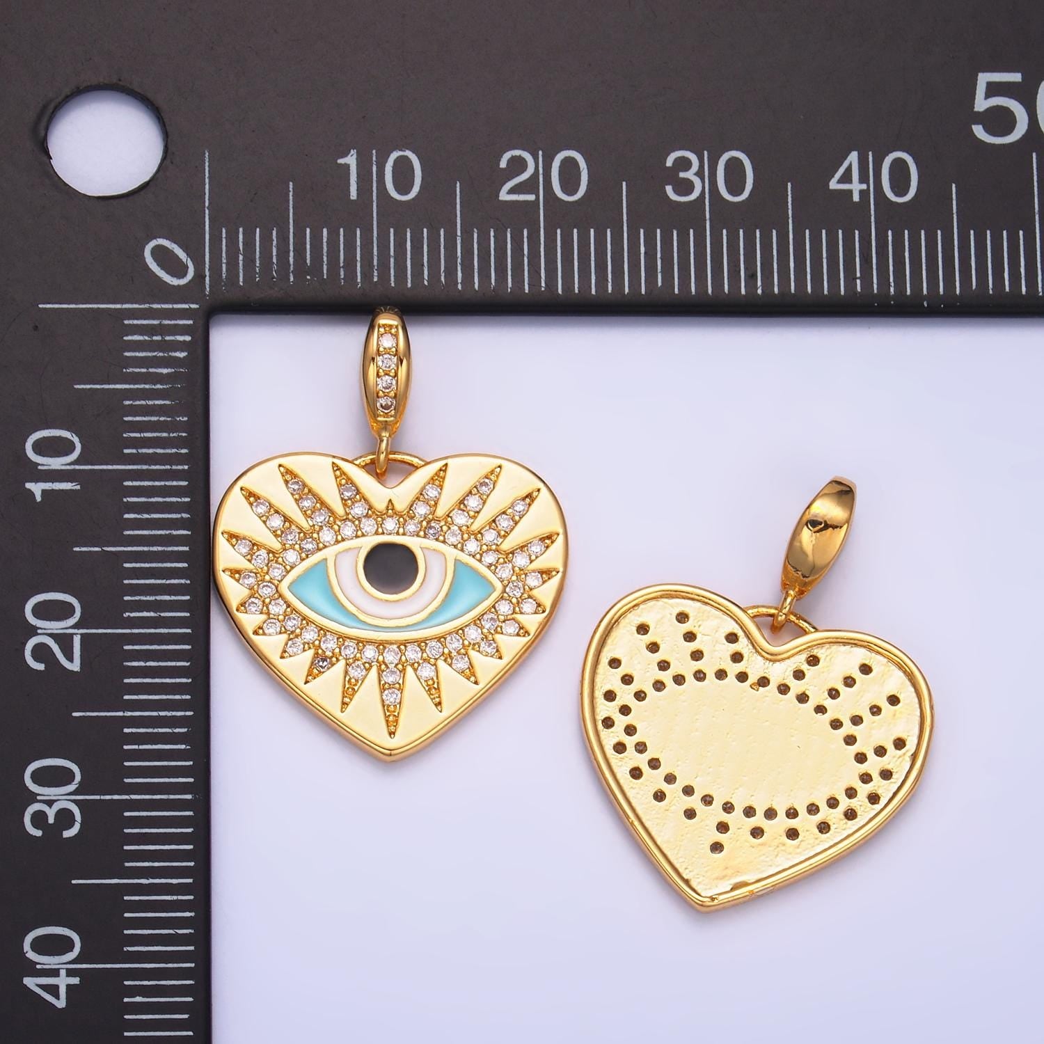 24K Gold Filled Evil Eye Blue Heart Sunburst Pendant, Micro Pave CZ Beads Evil Eye Heart Charm, Cubic Gold Sunburst Heart Jewelry | aa1071