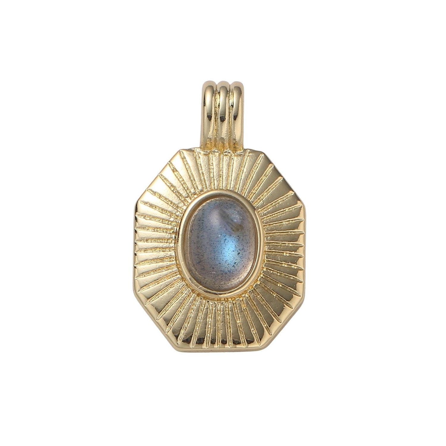 Sunburst gold oval moonstone solitaire charm hexagon tag bracelet pendant, gold charm for bracelet necklace supply diy jewelry pdgf 2173