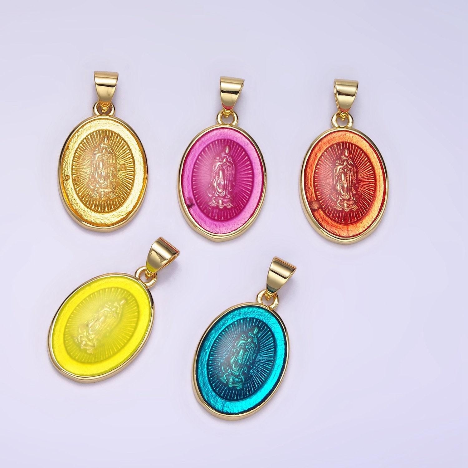 14k gold filled virgin mary jesus christ catholic bijoux colorful resin oval medallion charm lady guadalupe pendant for necklace | aa-1140