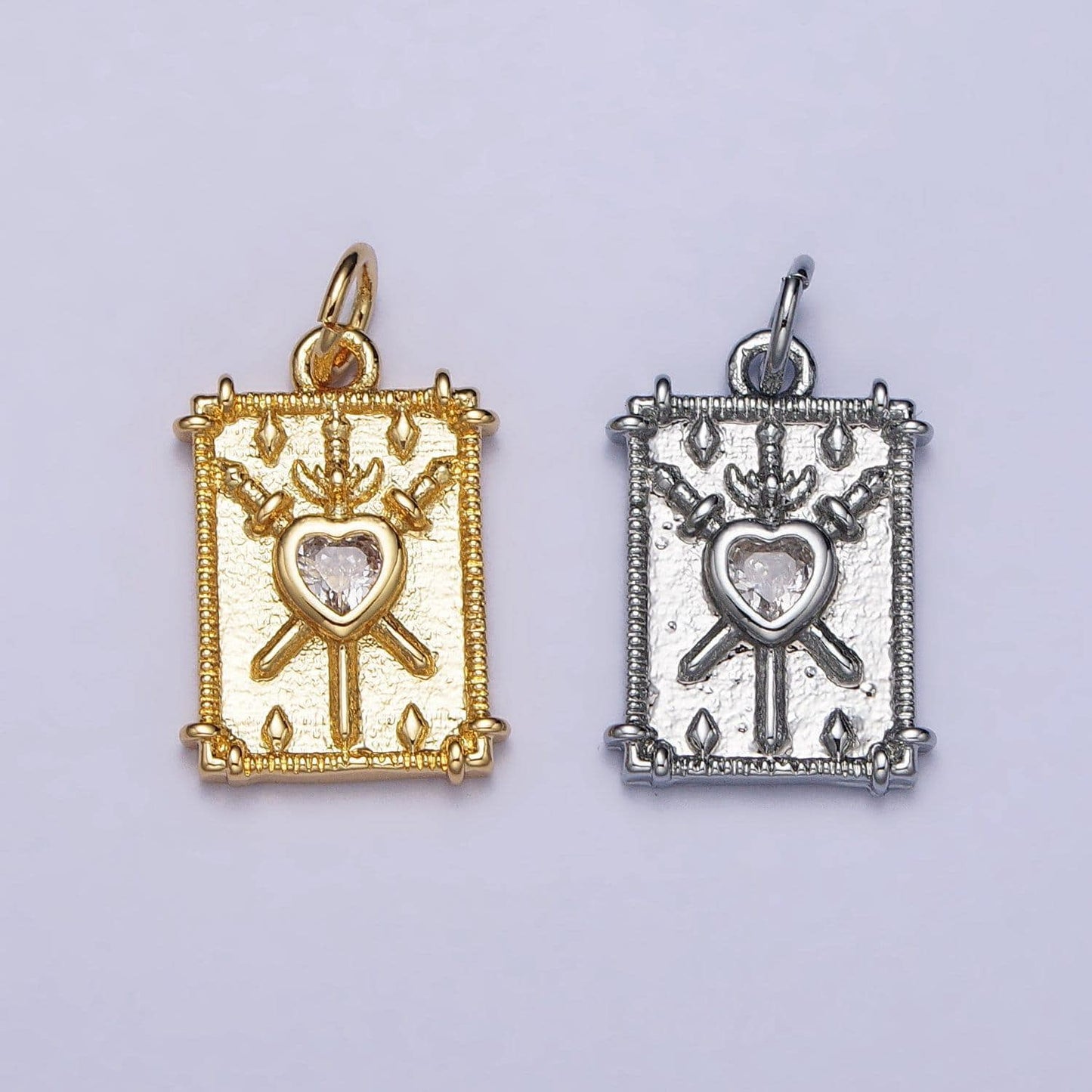 18k gold filled heat charm silver tarot three of swords card clear cz heart rectangular charm | ac997 ac998