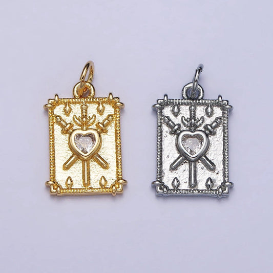 18k gold filled heat charm silver tarot three of swords card clear cz heart rectangular charm | ac997 ac998