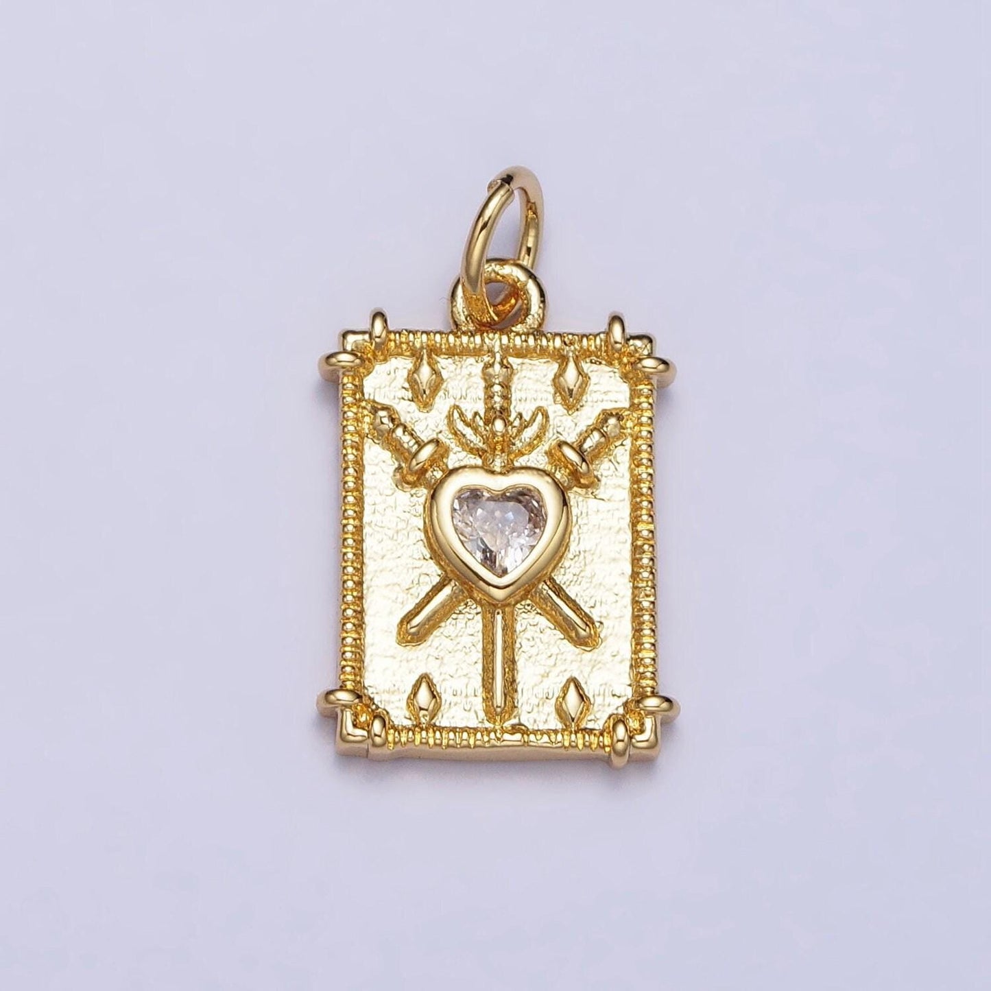 18k gold filled heat charm silver tarot three of swords card clear cz heart rectangular charm | ac997 ac998