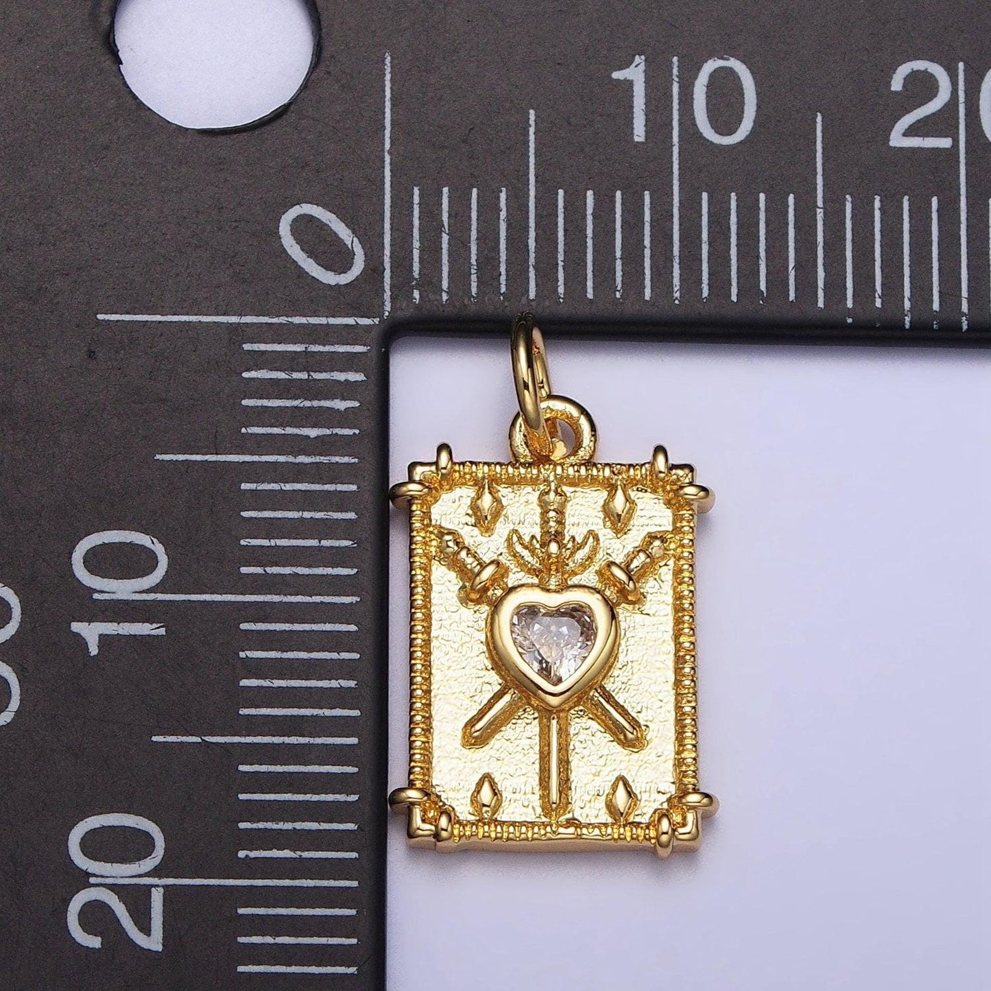 18k gold filled heat charm silver tarot three of swords card clear cz heart rectangular charm | ac997 ac998