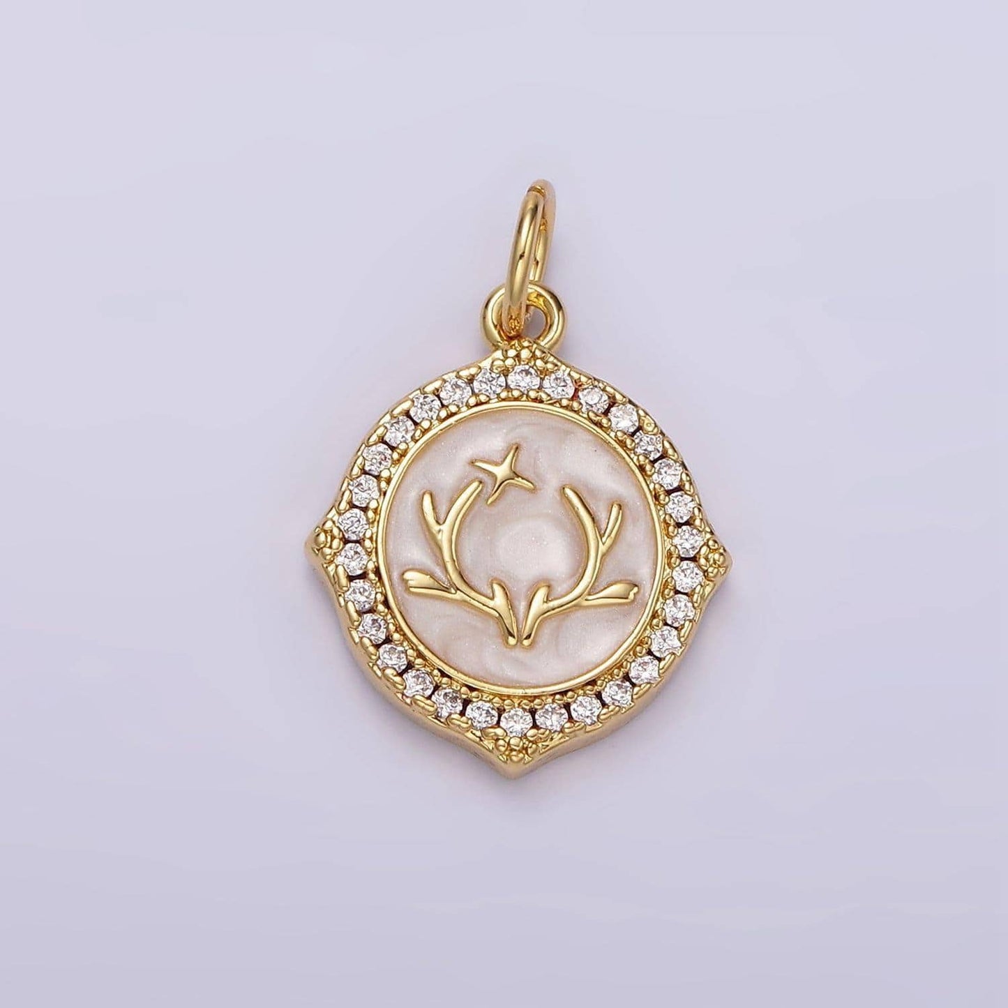 14k gold filled antler leaf star glitter white enamel clear cz micro paved round charm in gold & silver | n1167 n1168