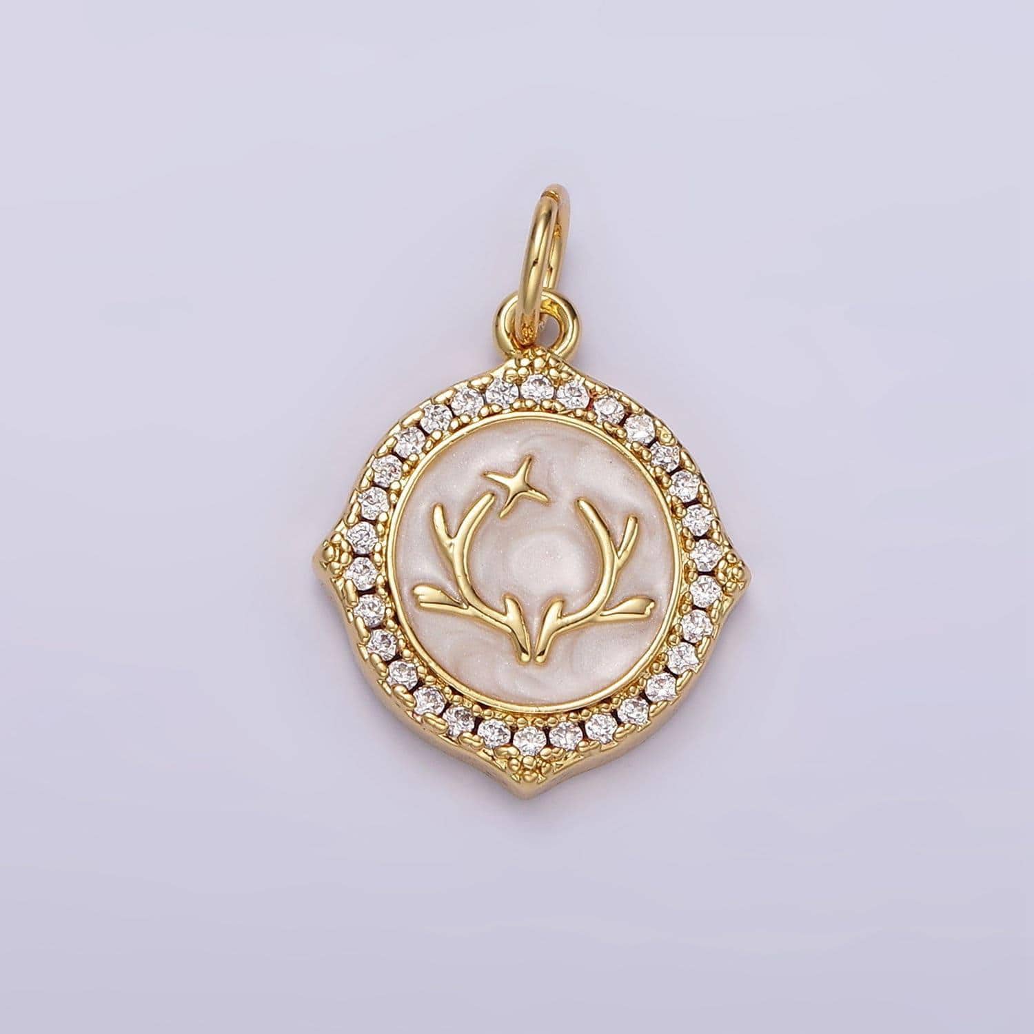 14k gold filled antler leaf star glitter white enamel clear cz micro paved round charm in gold & silver | n1167 n1168