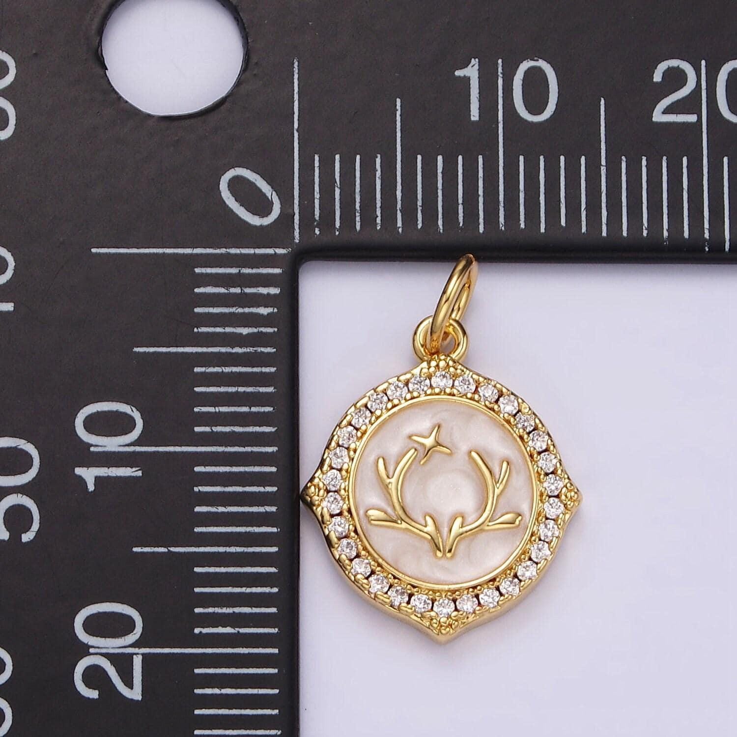 14k gold filled antler leaf star glitter white enamel clear cz micro paved round charm in gold & silver | n1167 n1168