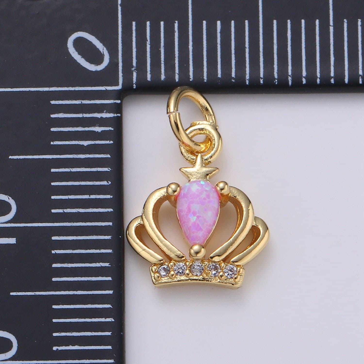 1pc crown 14k gold opal cz pendant charm, micro pave cz pendant charm, white, blue, pink tiara pendant jewelry, hgf-1996, 1997, 1998