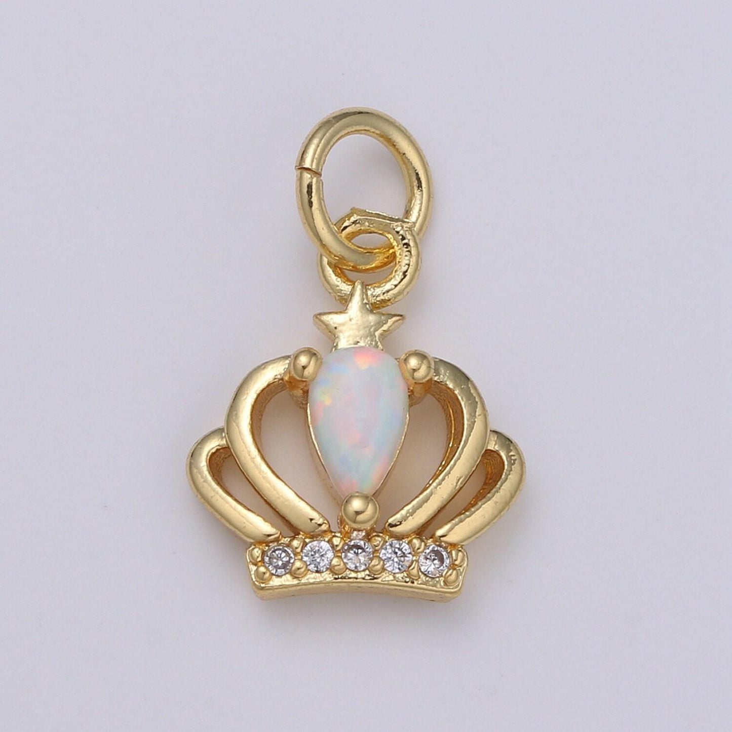 1pc crown 14k gold opal cz pendant charm, micro pave cz pendant charm, white, blue, pink tiara pendant jewelry, hgf-1996, 1997, 1998