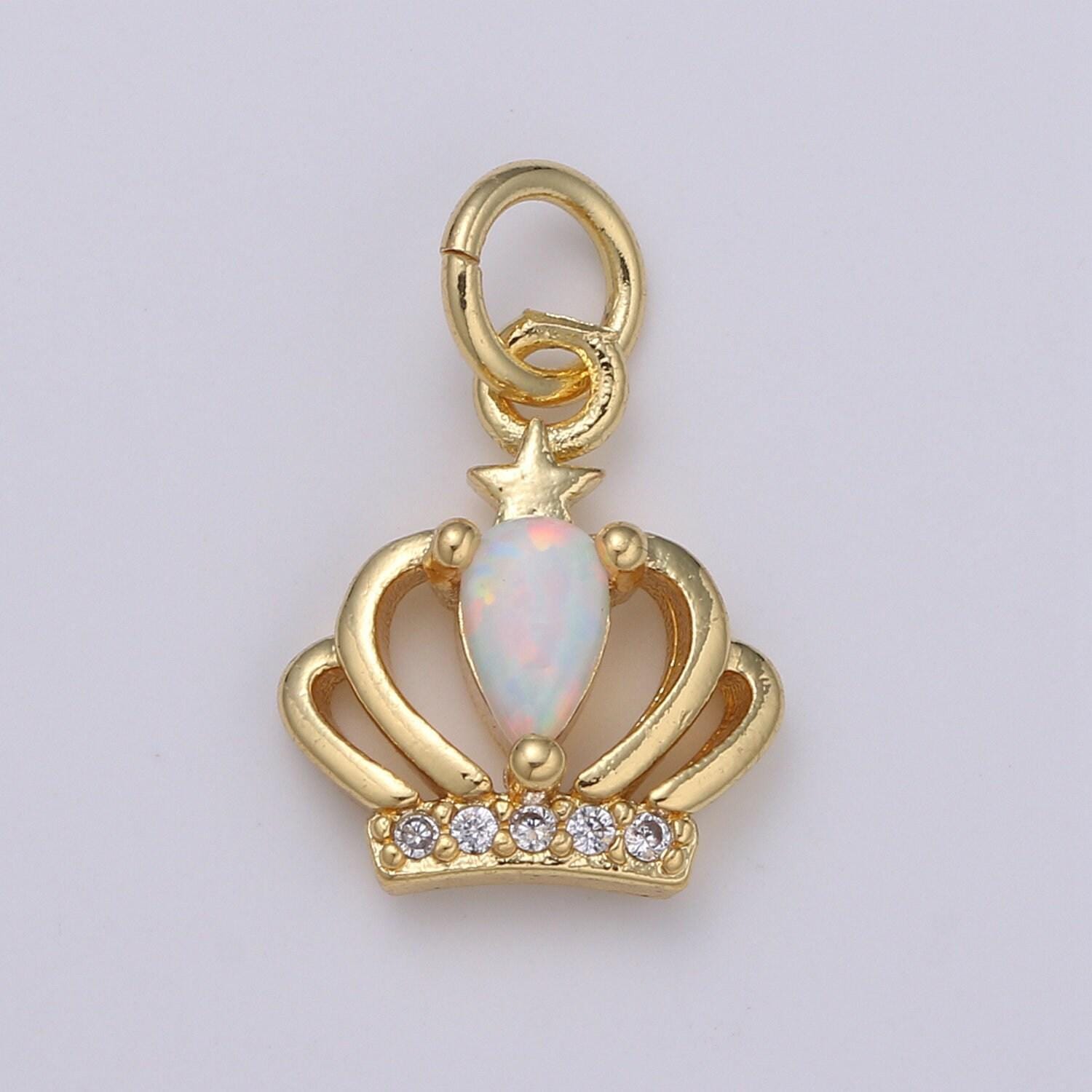 1pc crown 14k gold opal cz pendant charm, micro pave cz pendant charm, white, blue, pink tiara pendant jewelry, hgf-1996, 1997, 1998