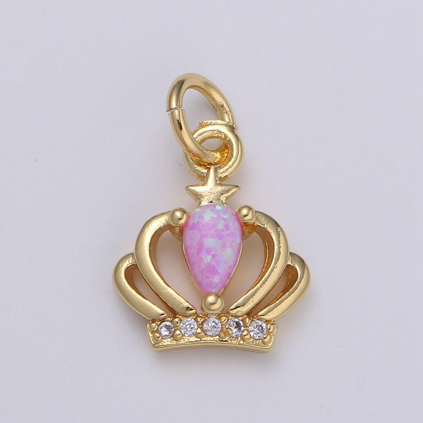 1pc crown 14k gold opal cz pendant charm, micro pave cz pendant charm, white, blue, pink tiara pendant jewelry, hgf-1996, 1997, 1998