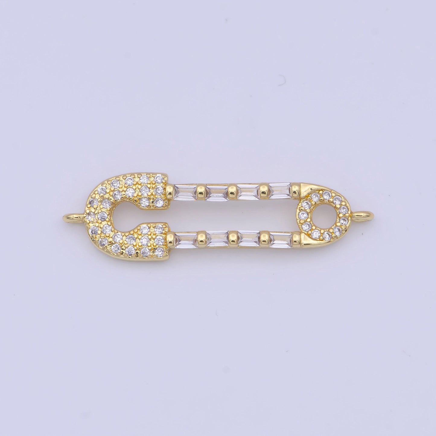 Clear/rainbow gold safety pin charm connector, 24k gold filled multicolor micro paved cz baguette on safety pin connector | g-559, g-560