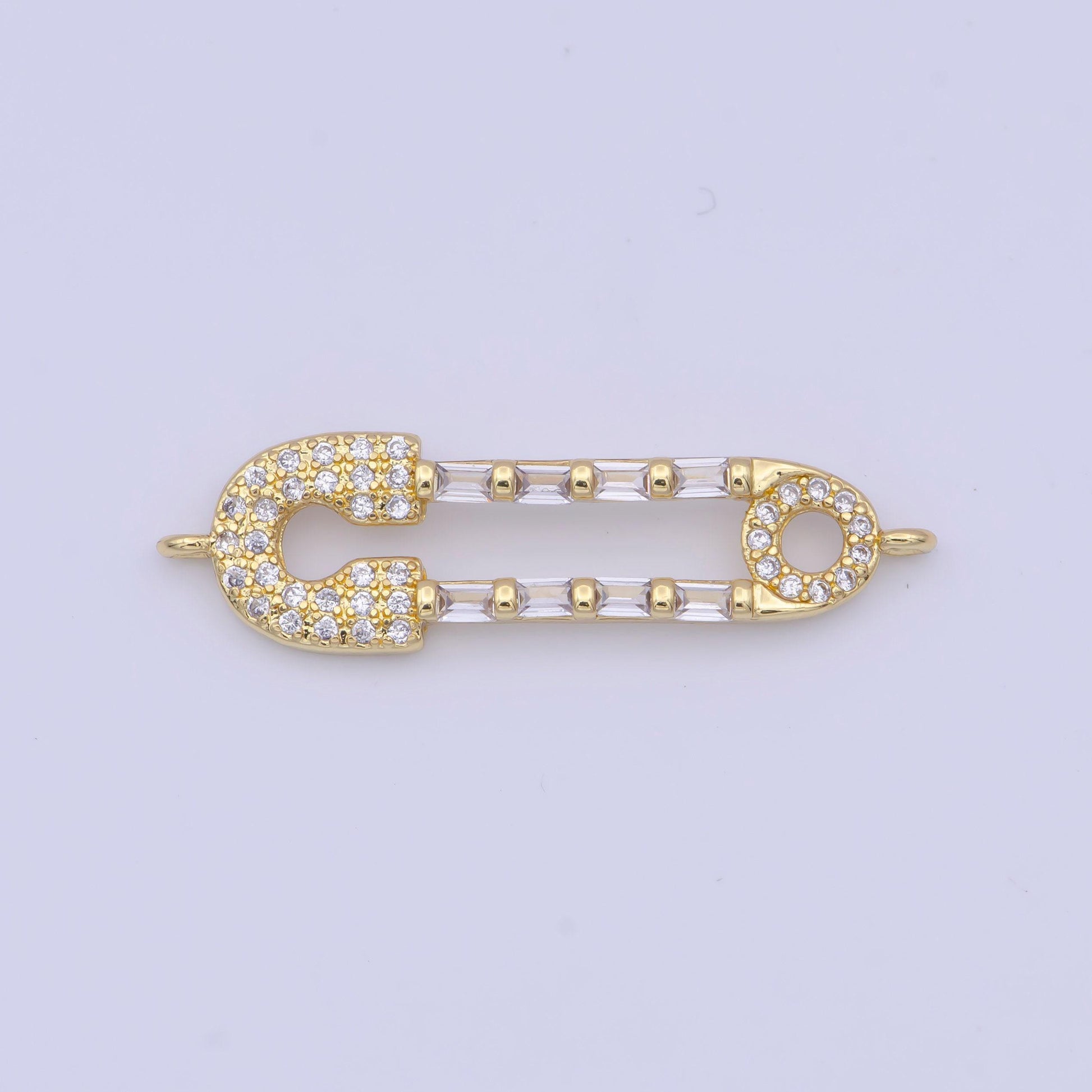 Clear/rainbow gold safety pin charm connector, 24k gold filled multicolor micro paved cz baguette on safety pin connector | g-559, g-560