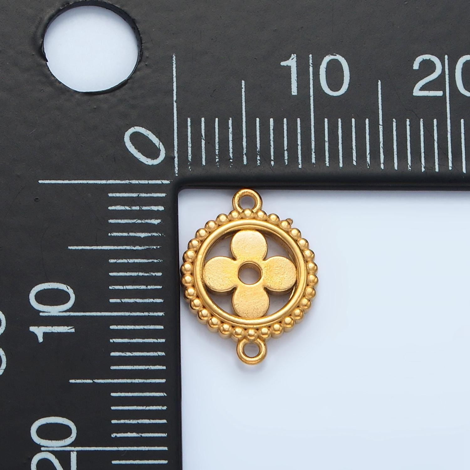 Stainless steel round flower charm connector minimalist dotted bezel link connector | f-225