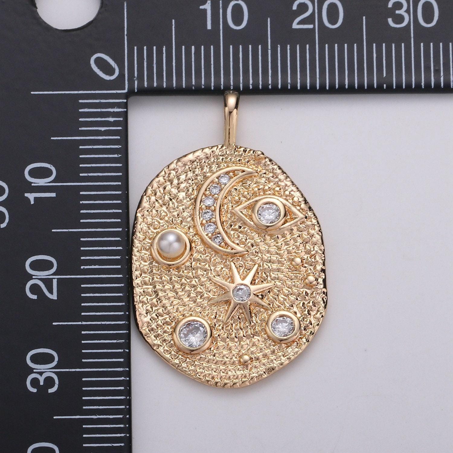 Pearl and micro pave clear cz planet in the ovum pendant 14k gold charm, star, cresent moon, galaxy, diy jewelry necklace chgf-1768