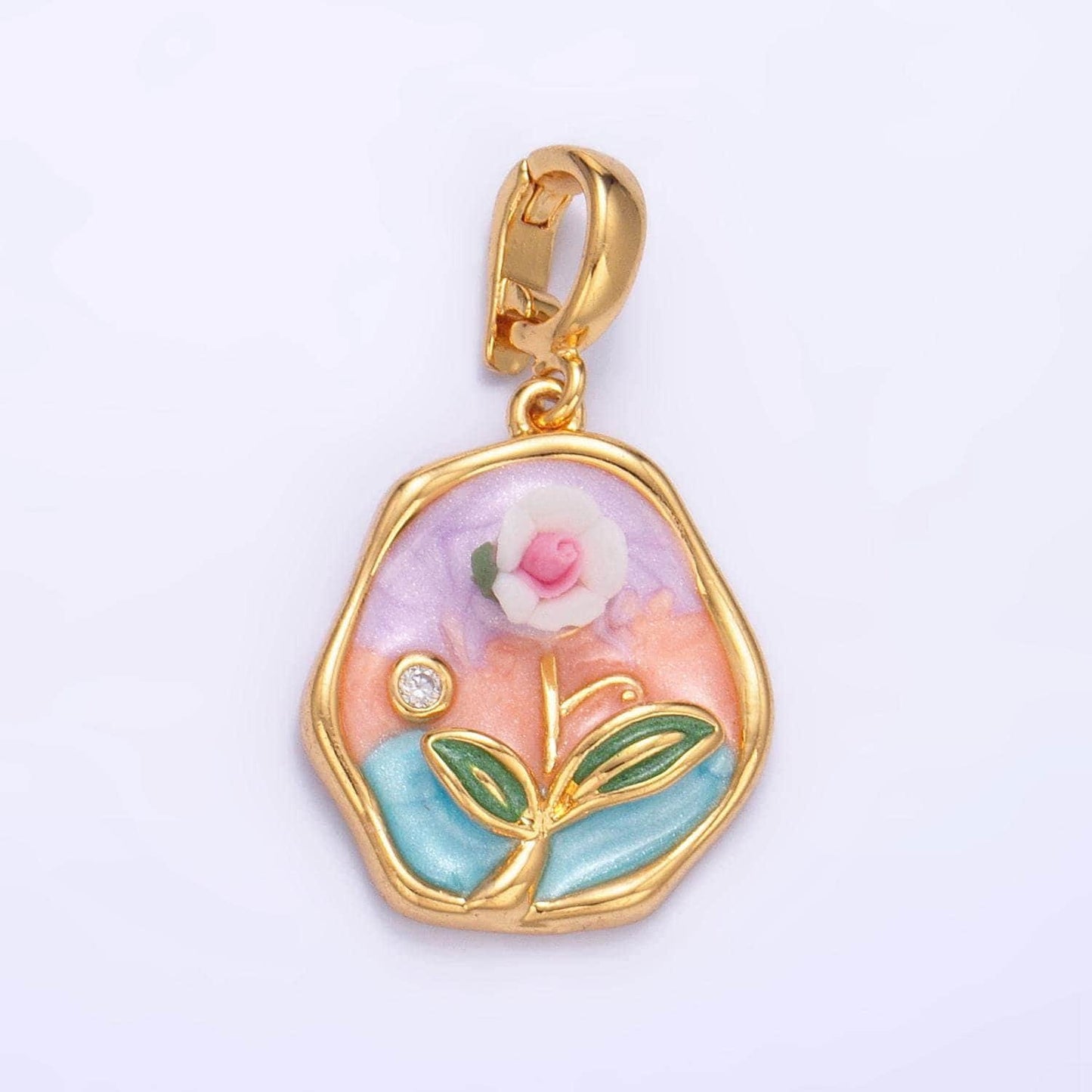 Cz enamel pastel colors stamped flower 24k gold filled snap latch bail pendant | aa-1020